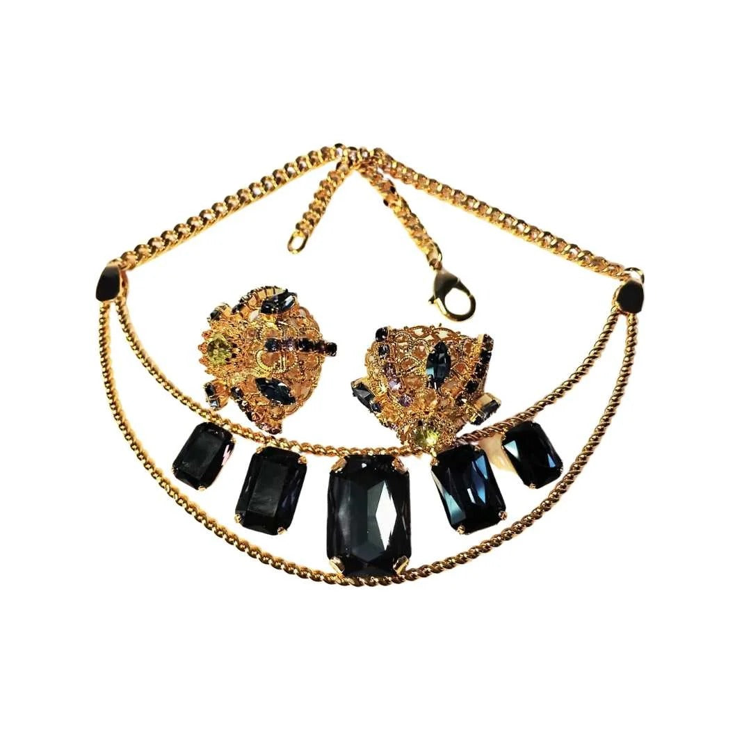 Necklace Set in Blue Facetted Crystals with Dome Shaped Earrings Set in Beautiful Crystals